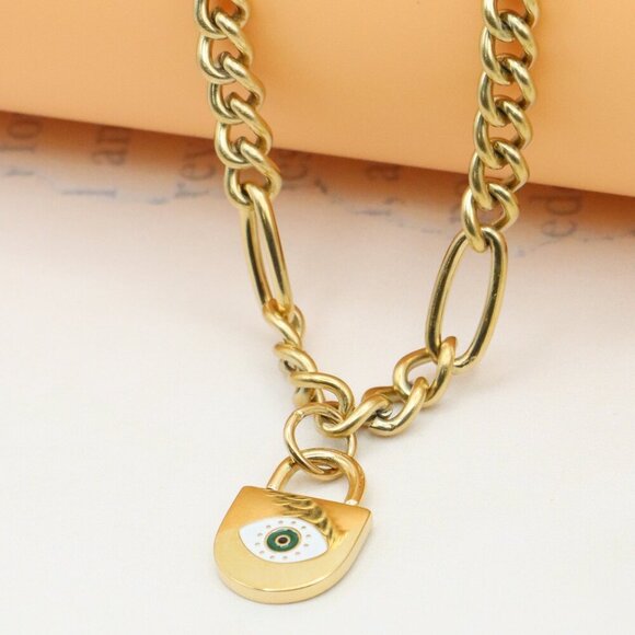 Bold Chunky Chain Necklace with Evil Eye Padlock Charm, XPNL0355 - Picture 1 of 13
